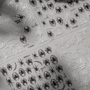 Detail of Halloween spider and web nail art stickers with black and white gothic designs