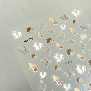3D squirrel and forest mushroom embossed nail stickers with autumn leaves designs