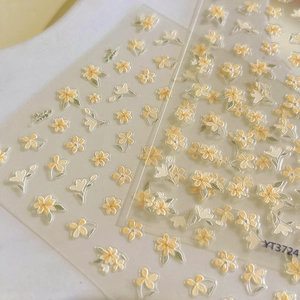 Stickers à ongles 3D fleurs jaunes avec motifs floraux adhésifs et petites feuilles