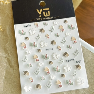 3D forest nail stickers featuring squirrel, mushroom, and leaf motifs, model YT3729