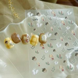 Autumn squirrel and mushroom 3D nail art stickers with forest leaves and acorns