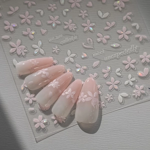 3D Sakura Cherry Blossom Nail Art Stickers Holographic Pink White Heart Embossed Self Adhesive Nail Decals For Women
