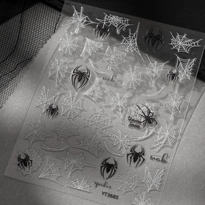 Detail of Halloween spider web nail stickers with black spiders and text patterns