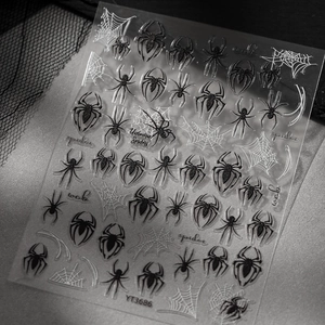 Close-up of black glitter spider and white web nail art stickers for Halloween theme