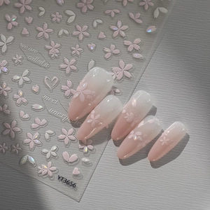 3D cherry blossom nail stickers with pink shells and floral heart patterns