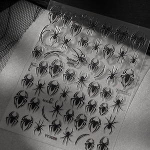 Macro shot of spider and web nail art stickers on a textured black lace background
