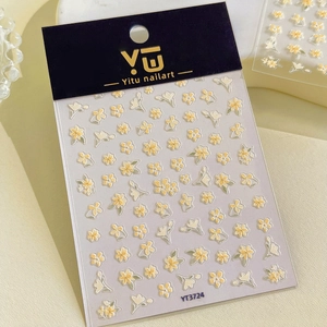 Détail de stickers nail art fleurs 3D jaunes et blanches avec numéro d'article YT3724