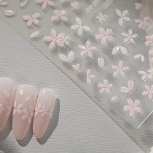Detailed pink cherry blossom nail stickers with aurora glitter effect on manicured nails