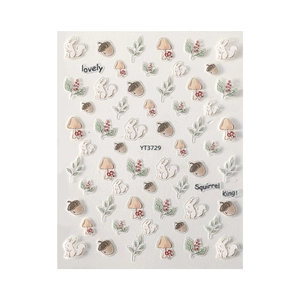 3D forest theme nail stickers featuring squirrels, mushrooms and leaves YT3729