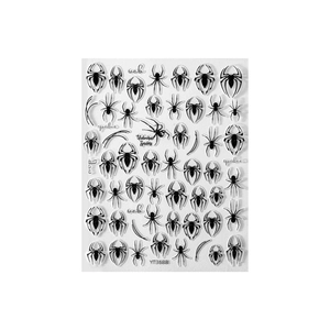Halloween black spider nail art stickers with realistic web designs on white background