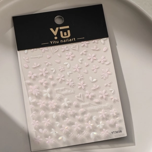 Close-up of pink cherry blossom 3D nail stickers with floral patterns and text details