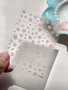 Detail of pink cherry blossom nail stickers with 3D laser shell gloss finish, style YT3656