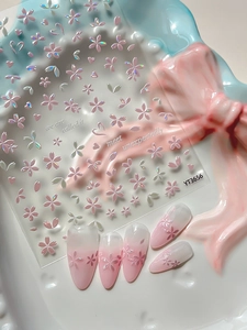Macro detail of YT3656 cherry blossom nail stickers with iridescent pink petal effects