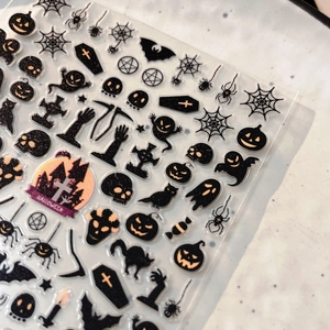 Halloween nail stickers with pumpkins, ghosts and black gold bat patterns for DIY manicure