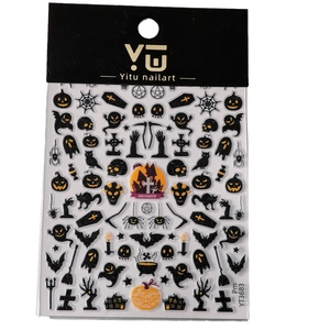 Halloween 3D nail art stickers featuring pumpkins, ghosts and bats with black card packaging