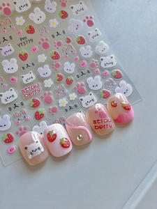 Detail of YT3779 cute rabbit and strawberry nail stickers with 3D manicured nail tips