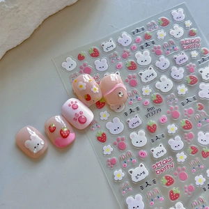 3D Relief Cartoon Nail Art Stickers Cute Rabbit Cat Strawberry Flower Patterns Self Adhesive Nail Decals DIY Decoration