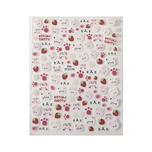 3D embossed nail art stickers featuring cute cartoon cats, rabbits and strawberries