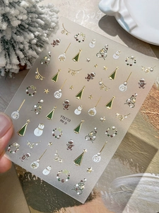 Détail d'autocollants nail art de Noël avec sapins dorés et mignons bonshommes de pain