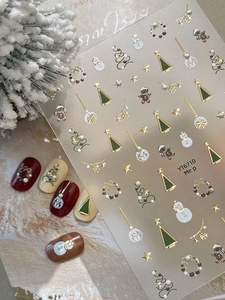 Détail d'autocollants 3D de Noël pour ongles avec bonhommes de neige, sapins et pain d'épice
