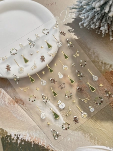 Détails de stickers nail art de Noël avec sapins dorés, bonhommes de neige et rennes