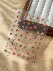 Detailed 5D embossed maple leaf nail stickers with classical Chinese poetry and textures
