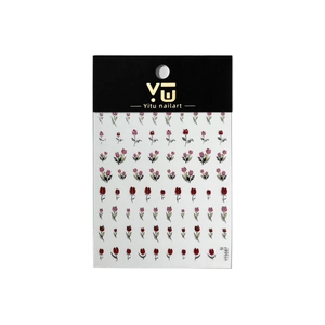 Autocollants à ongles tulipes dorées avec motifs floraux rouges et roses sur fond blanc