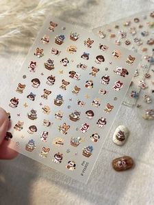 Detail of 5D embossed nail stickers featuring cute cartoon dogs, cats and floral patterns