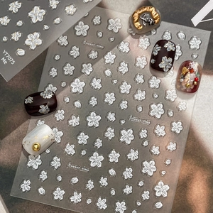 5D Relief White Flower Nail Art Stickers Gold Outlined Cherry Blossom Embossed Manicure Decals For Women Sweet Daily Nail Decor
