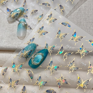 Blue bronzing butterfly nail stickers with holographic shimmer for DIY nail art