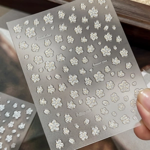 3D embossed white cherry blossom nail art stickers with elegant gold leaf accents
