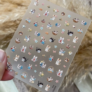 5D embossed cute cat nail stickers with kitten, fish and flower patterns on sheet