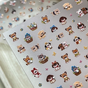 3D embossed nail art stickers featuring cute cartoon dogs with pearls and floral designs
