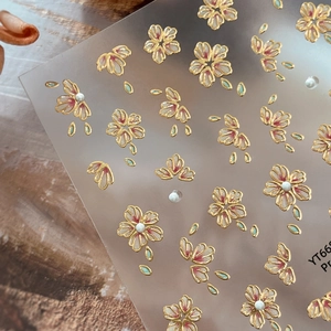 Japanese gold-edged cherry blossom nail stickers with pink pearls on frosted card