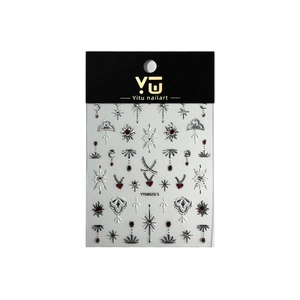 Silver Bohemian nail art stickers with red crystal gems and moon stars patterns