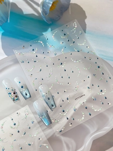 Detail of 3D blue and iridescent shell shimmer nail art stickers with water drop designs