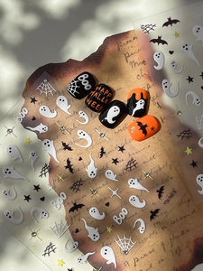 Detail of 3D embossed Halloween nail stickers with ghost, bat, and spider web patterns