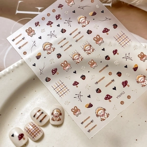 Cute cartoon rabbit and bear nail art stickers with vintage mushroom and plaid patterns