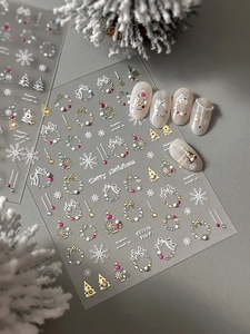 Detailed 5D relief nail art stickers with white snowflakes and pearl Christmas wreaths