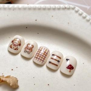 Cute cartoon rabbit and puppy nail stickers set in cream white and brown tones