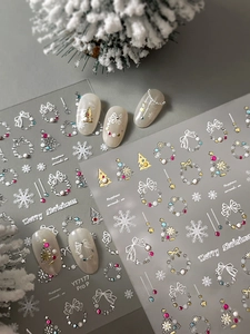 Macro detail of 3D embossed Christmas nail stickers with snowflakes and festive wreaths