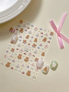 Detail showing 3D embossed cute cartoon bear and bunny birthday nail art stickers