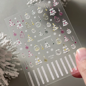 3D Christmas nail stickers with pearl finish, snowmen, and festive tree decorations