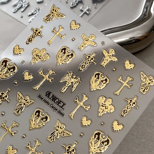 3D Goldgeprägte Teufel und Engel Nagelsticker mit gotischen Kreuzmustern