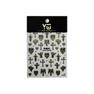 3D Goldene Gothic Nagelaufkleber mit Kreuz und Engelsflügel Design auf Karte