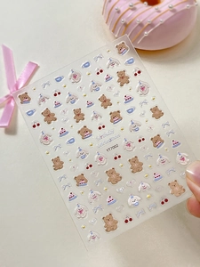 Detailed relief nail art stickers with cute cartoon bears and rabbits in a soft pink theme
