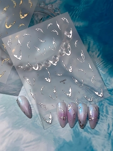 Detail of silver liquid metal water drop nail stickers with 3D metallic texture effects