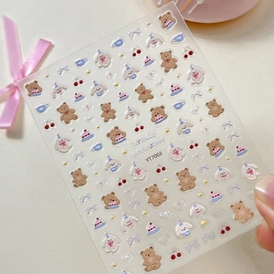 3D embossed cartoon bear and rabbit nail art stickers for birthday celebration decoration