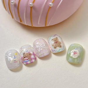 3D embossed bear nail stickers featuring cute cartoon designs and Birthday Celebration motifs