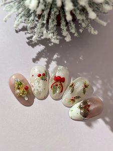 Detail of Christmas nail art stickers featuring 3D tree and snowflake holiday patterns